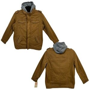 Levis Mens Washed Cotton Hooded Military Jacket Size L Tall Brown Durable Fabric
